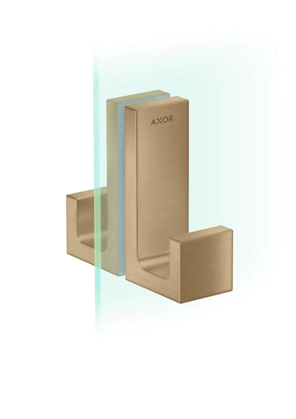 Universeller Duschtürgriff von AXOR in Brushed Bronze, rechteckige Form mit zwei horizontalen Aufnahmen für die Montage an einer Glastür.